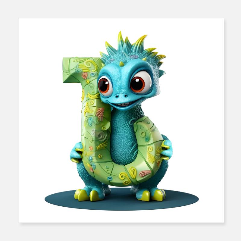 Blauer Drache mit Buchstabe J Alphabet Poster 20x20 cm