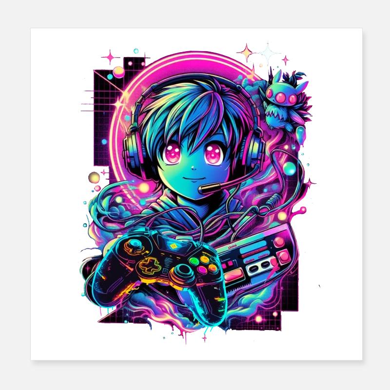 Gamer Controller Anime Synthwave Art Poster 20x20 cm