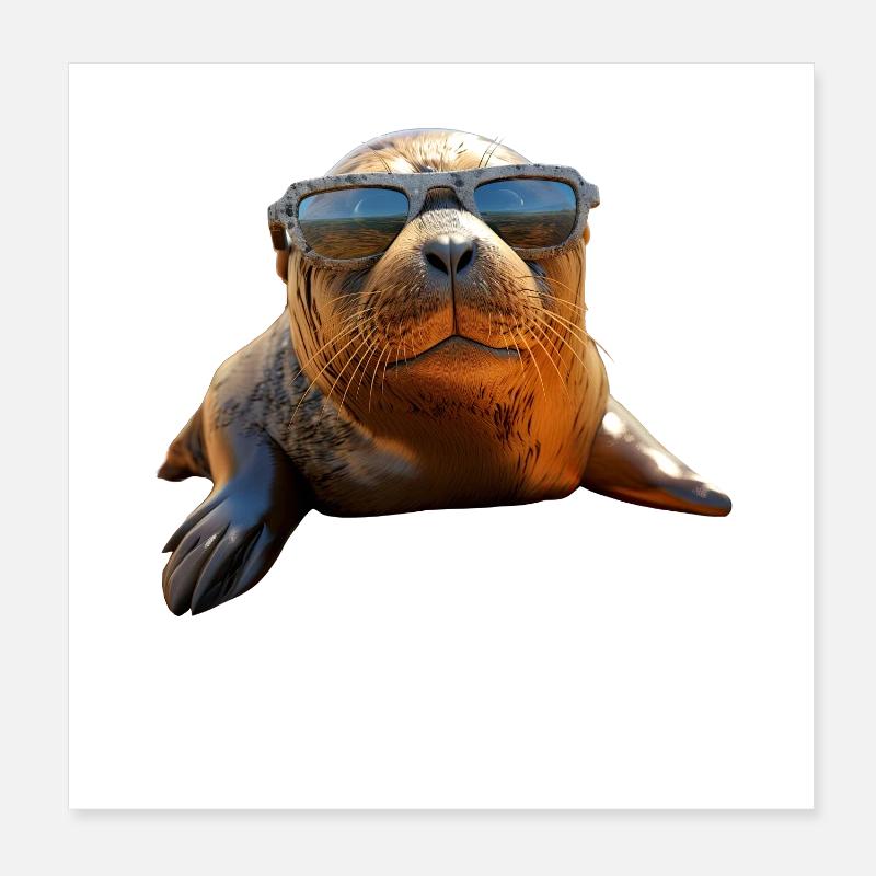 Phoque avec lunettes de soleil Phoque Morse Phoques mignons Poster 20 x 20 cm