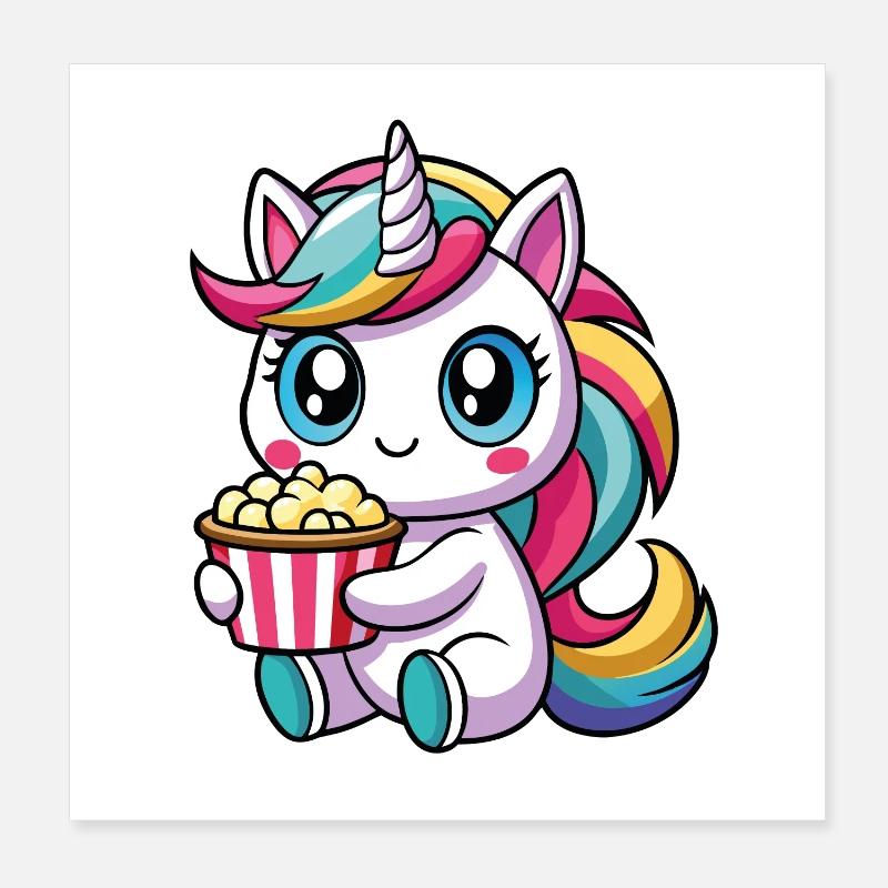 Licorne mignonne avec pop-corn – Style Kawaii Poster 20 x 20 cm