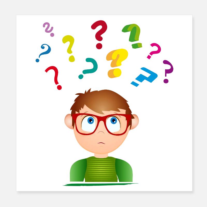 Garçon avec des lunettes avec de nombreux points d’interrogation colorés Poster 20 x 20 cm