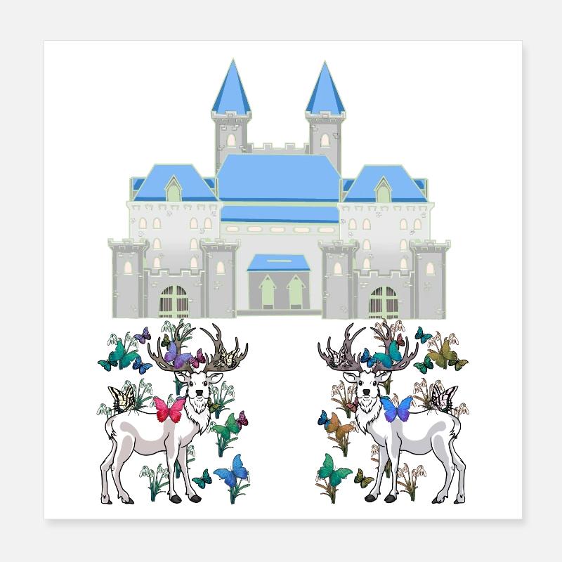Château Conte De Fées Cerf Papillons Printemps Poster 20 x 20 cm