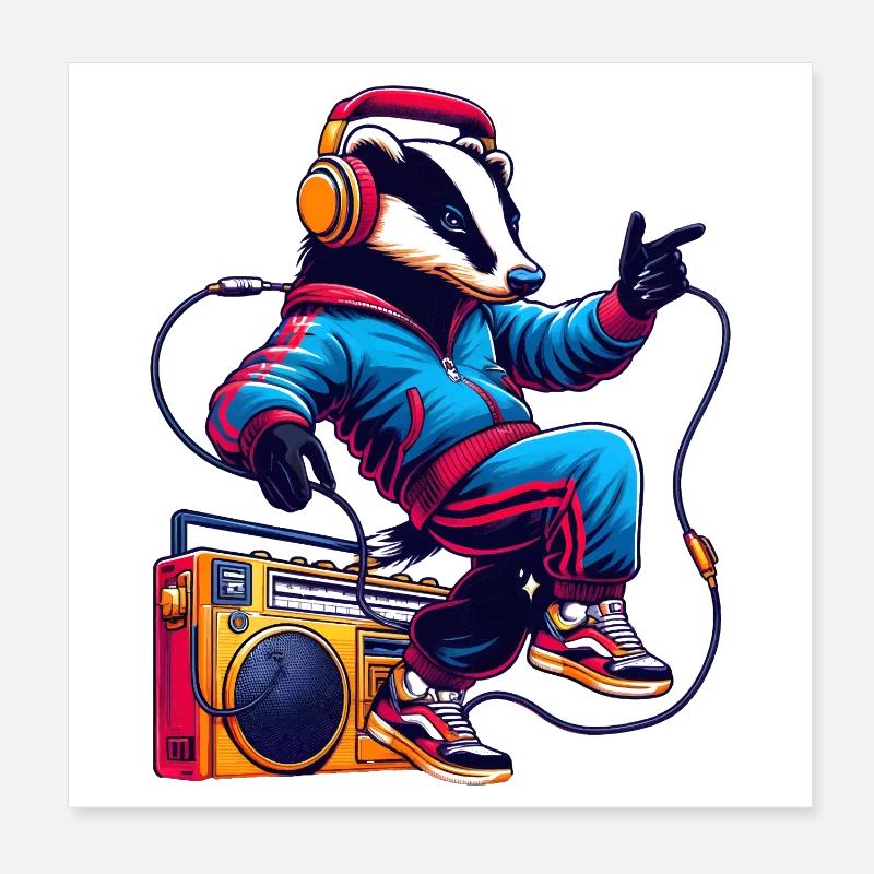 fröhlicher Dachs mit Kopfhörern beim tanzen Poster 20x20 cm