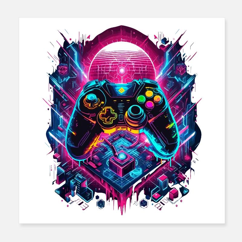 Vibrant Cyberpunk Gaming Controller Grafik Poster 20x20 cm