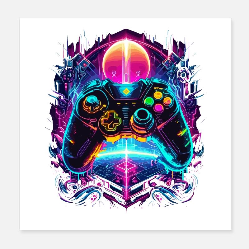 Vibrant Cyberpunk Retro Gaming Controller Poster 20x20 cm