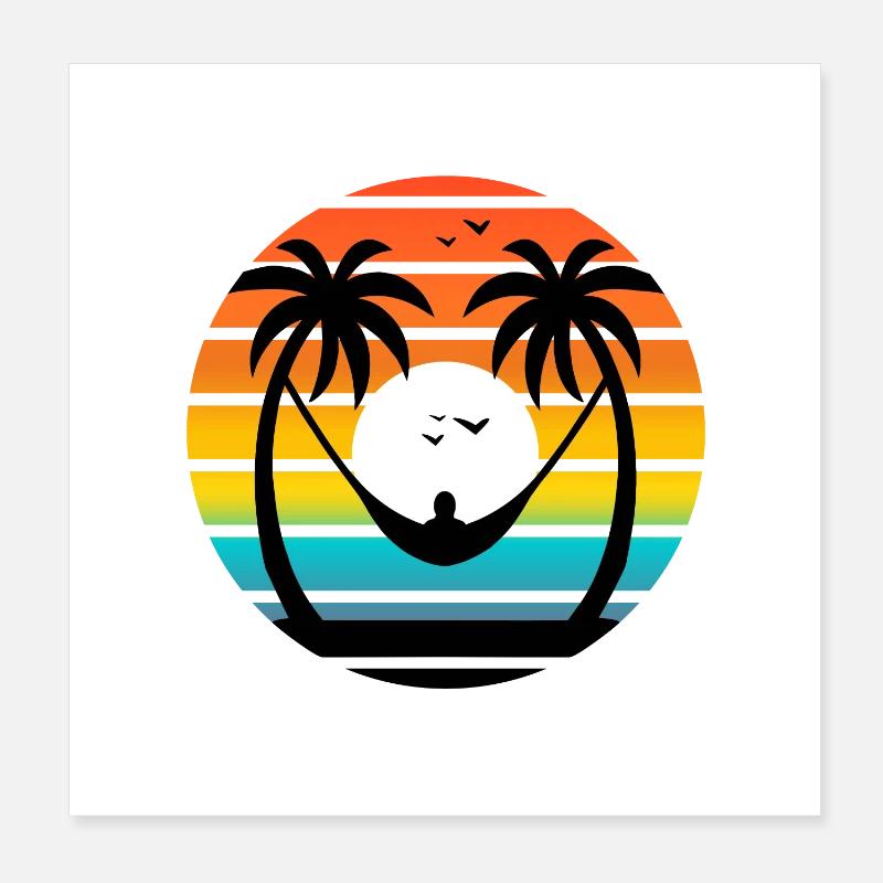 Sunset Palm Trees Hammock Relaxing Beach Vibes Poster 8" x 8" (20x20 cm)