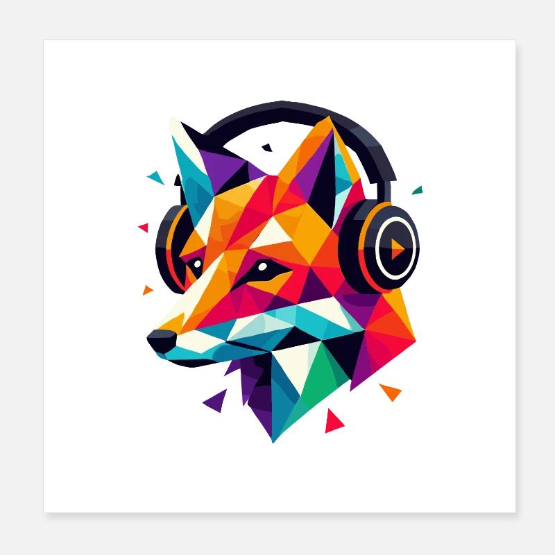 Geometrisches Polygon DJ Fox Kopfhörer Bunte Kunst Poster 20x20 cm