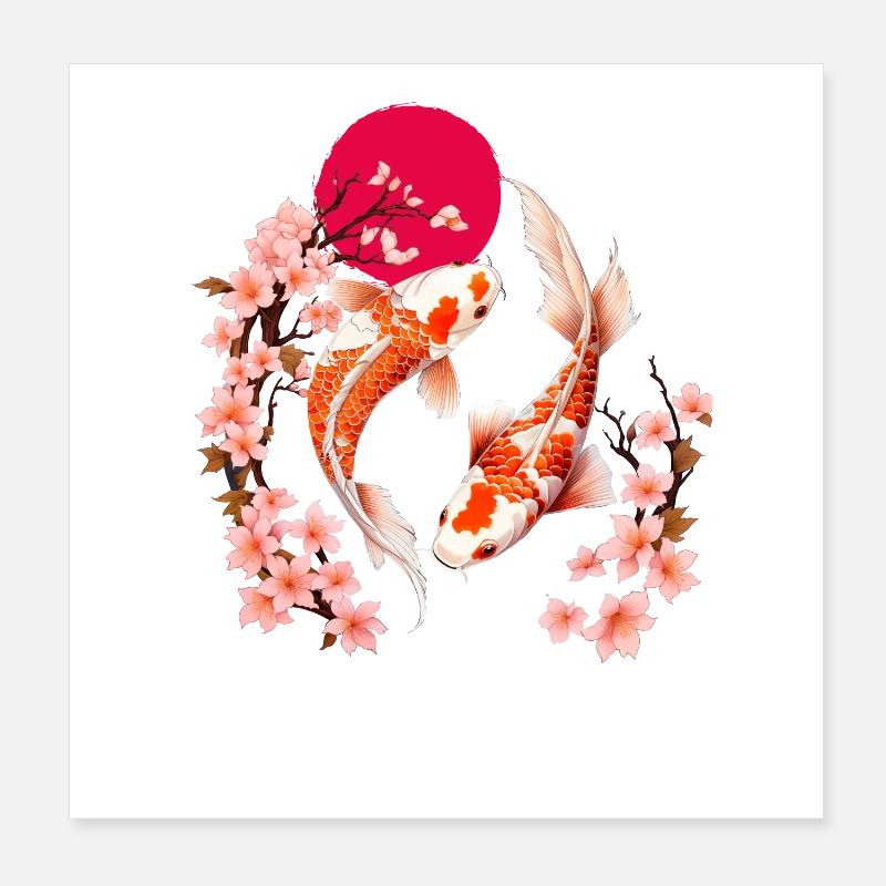 Des fleurs de carpes koi et de cerisier dans la lune rouge Poster 20 x 20 cm