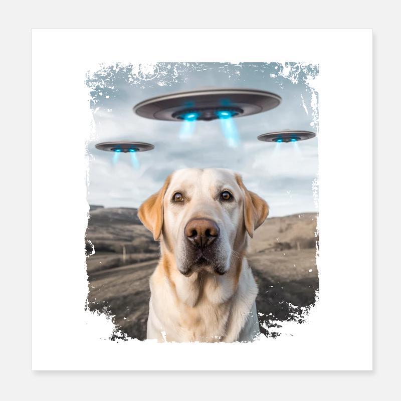 Labrador Retriever Dog Selfie with Alien UFOs. Poster 8" x 8" (20x20 cm)
