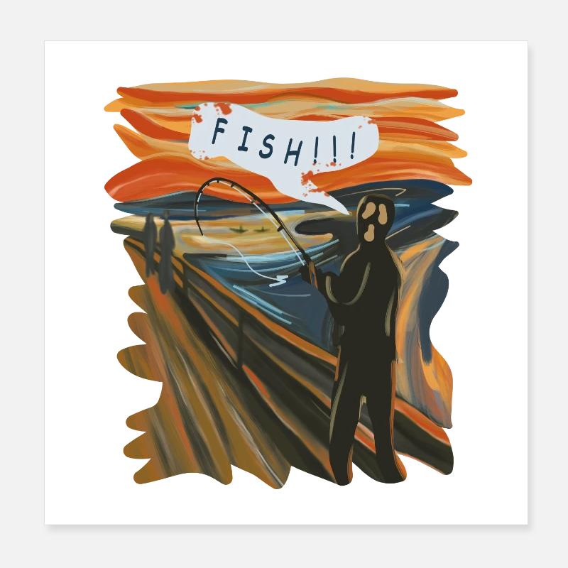 Fangrafik eines Anglers bei Sonnenuntergang Poster 20x20 cm