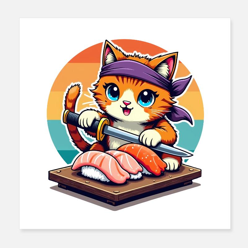 Sushi Master Cat mit Sunset mit Katana-Messer Poster 20x20 cm