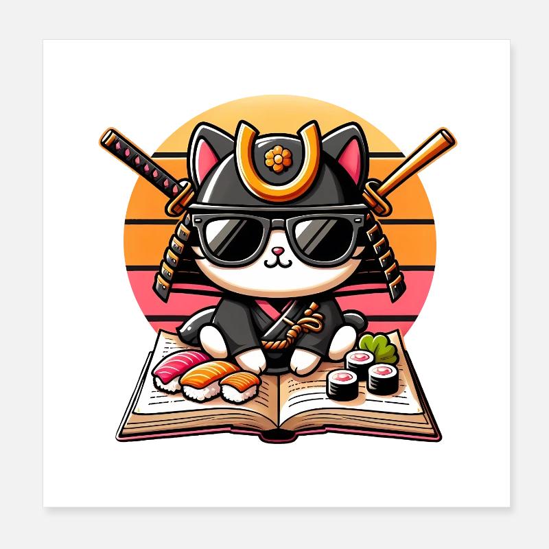 Sushi Master Cat mit Sonnenbrille und Book Lover Sunset Poster 20x20 cm