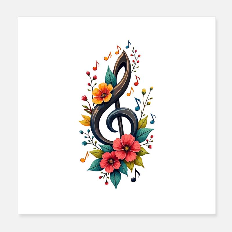 Clé de sol avec des notes colorées et des fleurs Poster 20 x 20 cm