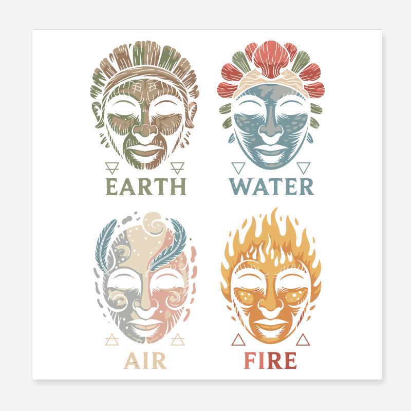 Vier Elementarmasken | Alchemistische Symbole Kunst Poster 20x20 cm