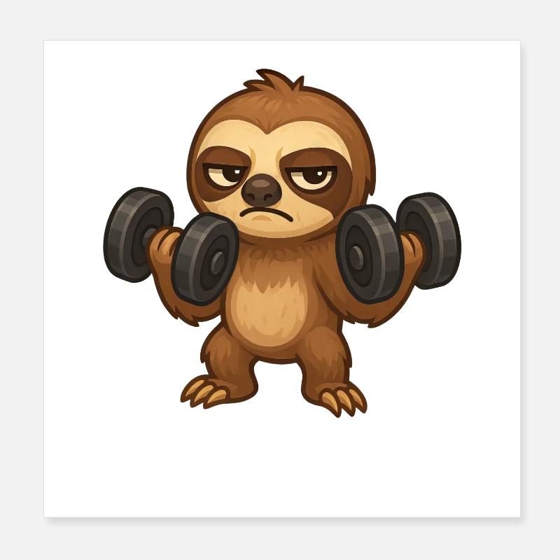 Grumpy sloth with dumbbell fitness biceps Poster 8" x 8" (20x20 cm)