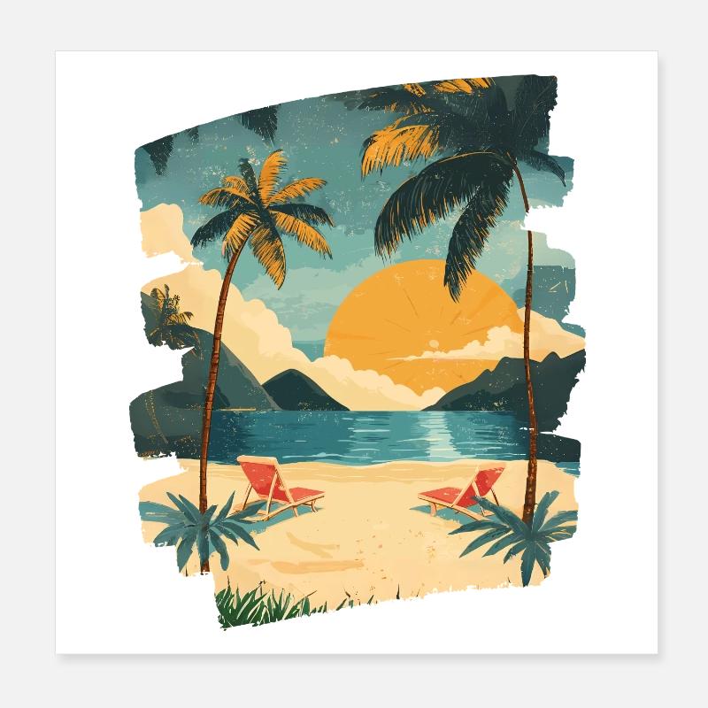 Beach Palm Trees Sunset Summer Poster 8" x 8" (20x20 cm)