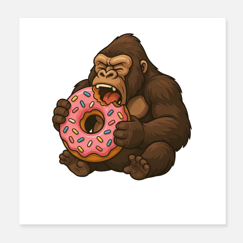 Mignon Gorille Donut Dessin Animé Nourriture Grignotage Poster 20 x 20 cm