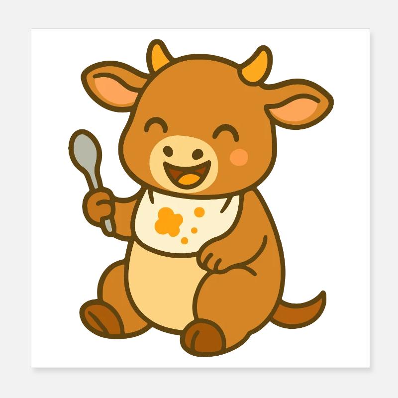 Kälbchen mit Lätzchen und Futterfreude Poster 20x20 cm