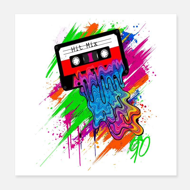 Le son des années 90 - Cassette Graffiti Néon Coloré Poster 20 x 20 cm