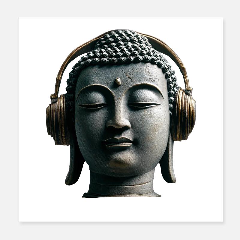 Buddha with Headphones Mindfulness Music Boho Zen Poster 8" x 8" (20x20 cm)