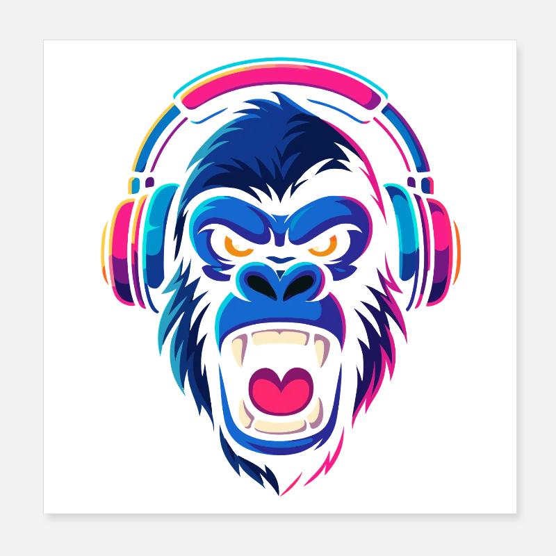 Neon Gorilla mit Kopfhörern Poster 20x20 cm