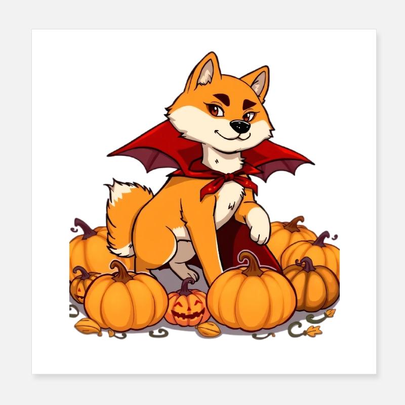 Chien effronté comme dragon d’Halloween avec des citrouilles Poster 20 x 20 cm
