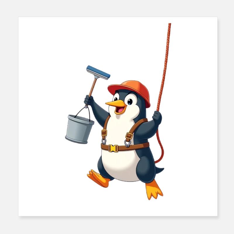 Penguin cleaning windows - Abseiling down Poster 8" x 8" (20x20 cm)