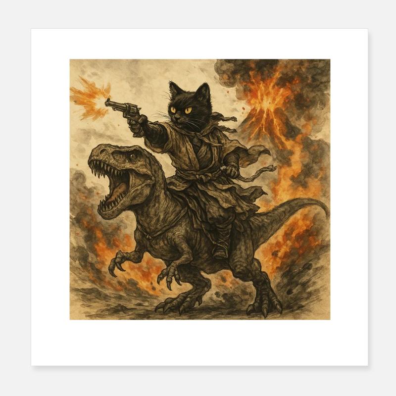 Samurai-Katze reitet auf Dinosaurier bei Vulkanausbruch Poster 20x20 cm