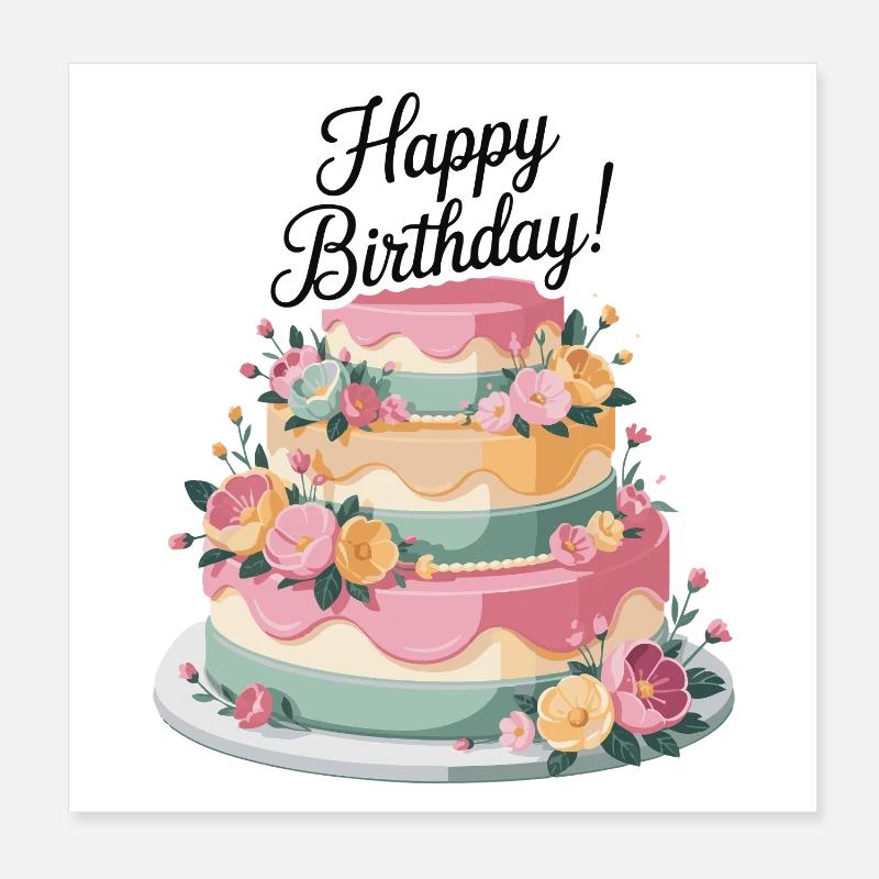 Gâteau d'anniversaire pastel avec décor floral Poster 20 x 20 cm