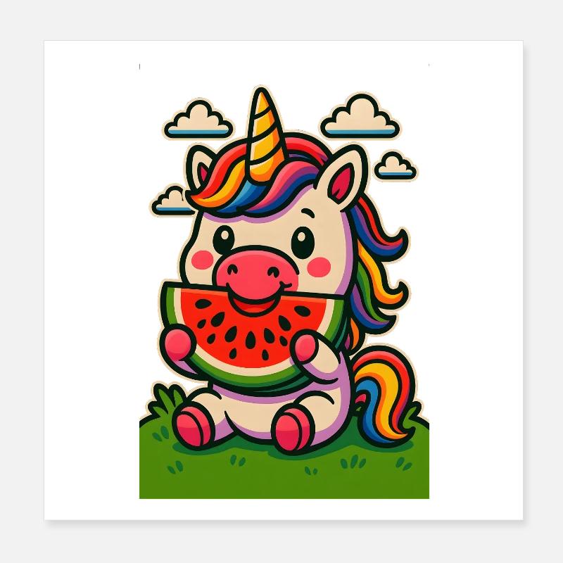 Regenbogen-Einhorn isst Wassermelone Poster 20x20 cm