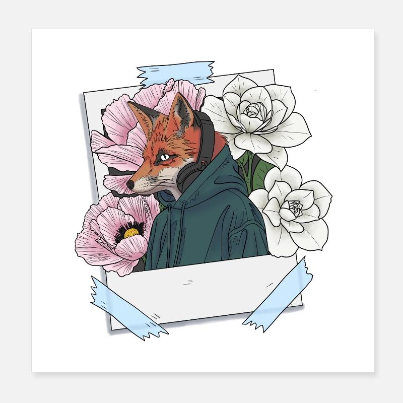 Fuchs mit Kopfhörern und Blumenthema Poster 20x20 cm