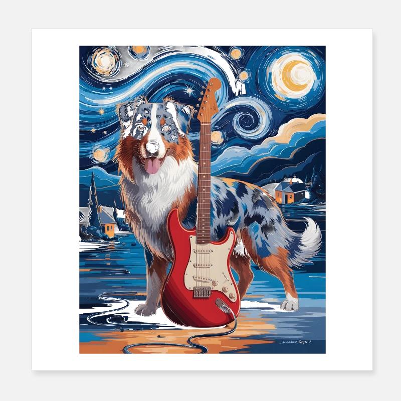 Sternennacht Hund mit E-Gitarre Poster 20x20 cm