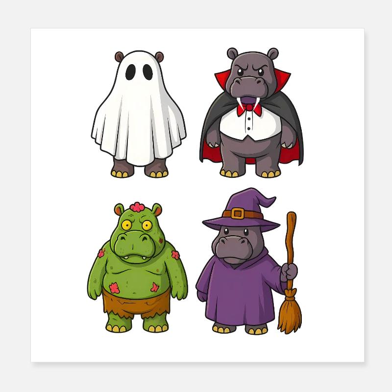 Hippo Ghost Witch Zombie Halloween  Poster 20x20 cm