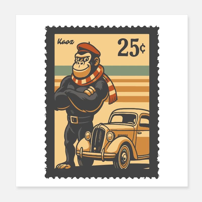 Vintage Monkey Car Postage Illustration Poster 8" x 8" (20x20 cm)