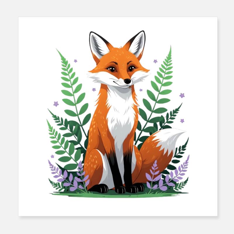 Forest fox with flowers and leaves Poster 8" x 8" (20x20 cm)