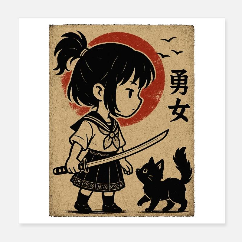 Mutiges Mädchen mit Katana und Katze Poster 20x20 cm