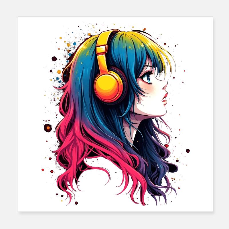 Farbiger Anime-Charakter mit Kopfhörer Poster 20x20 cm
