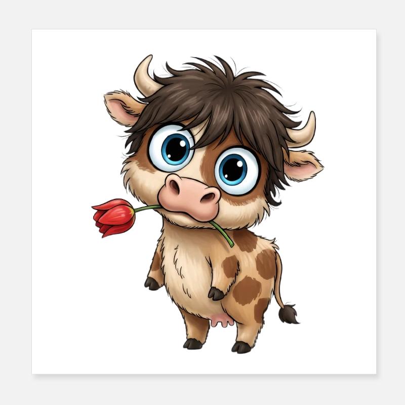 Vache câline avec tulipe Poster 20 x 20 cm