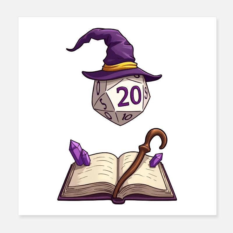 Floating D20 with Magic Hat – Fantasy Dice Poster 8" x 8" (20x20 cm)