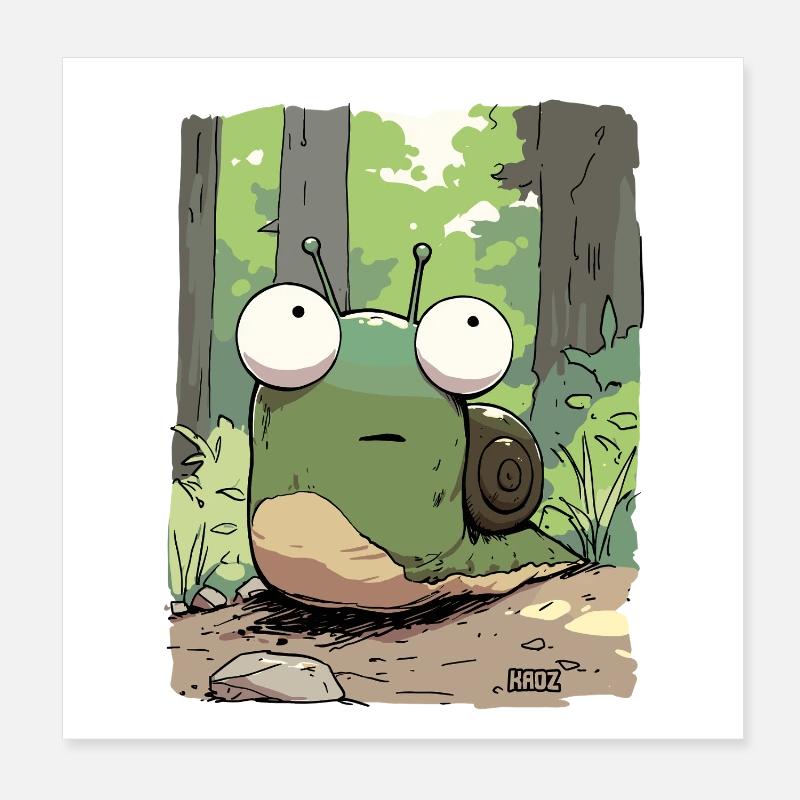 Escargot de dessin animé avec de grands yeux dans la forêt Poster 20 x 20 cm
