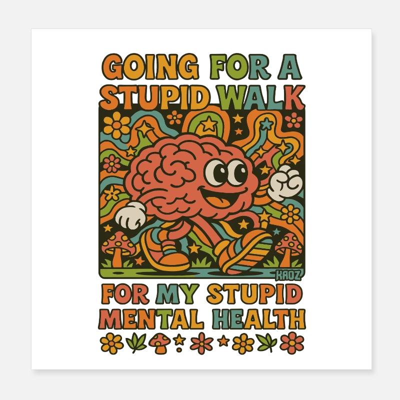 Stupid Walking Brain Retro Psychedelisch Poster 20x20 cm