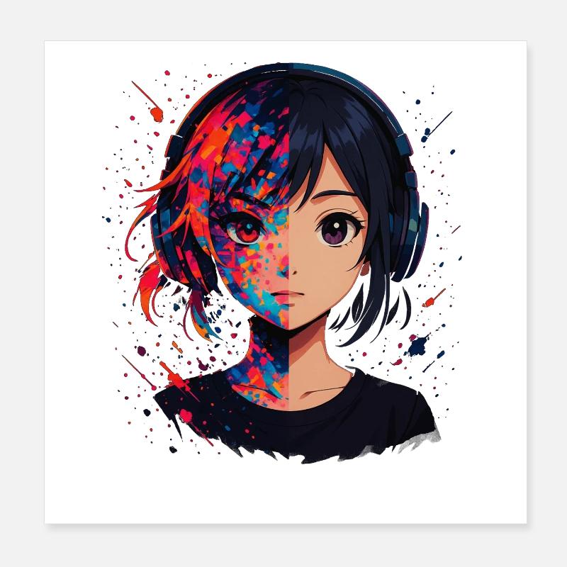 Portrait d’anime en argent de couleur avec casque Poster 20 x 20 cm