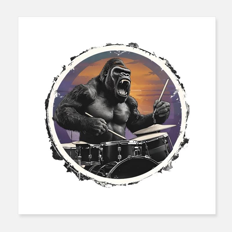 Drum Gorilla Vintage Music Gift Poster 8" x 8" (20x20 cm)