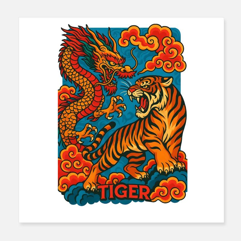 Dragon Tiger Clash, Asiatischer Kunststil Poster 20x20 cm