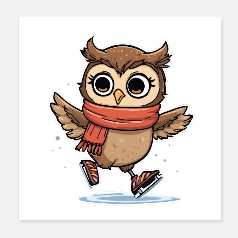 Wintereule mit rotem Schal auf Eis Poster 20x20 cm