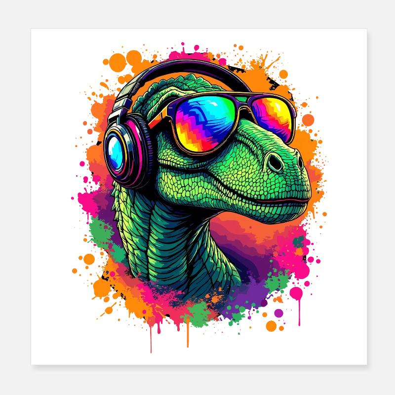 Neon Dino with Headphones Velociraptor T-Shirt Dino Poster 8" x 8" (20x20 cm)