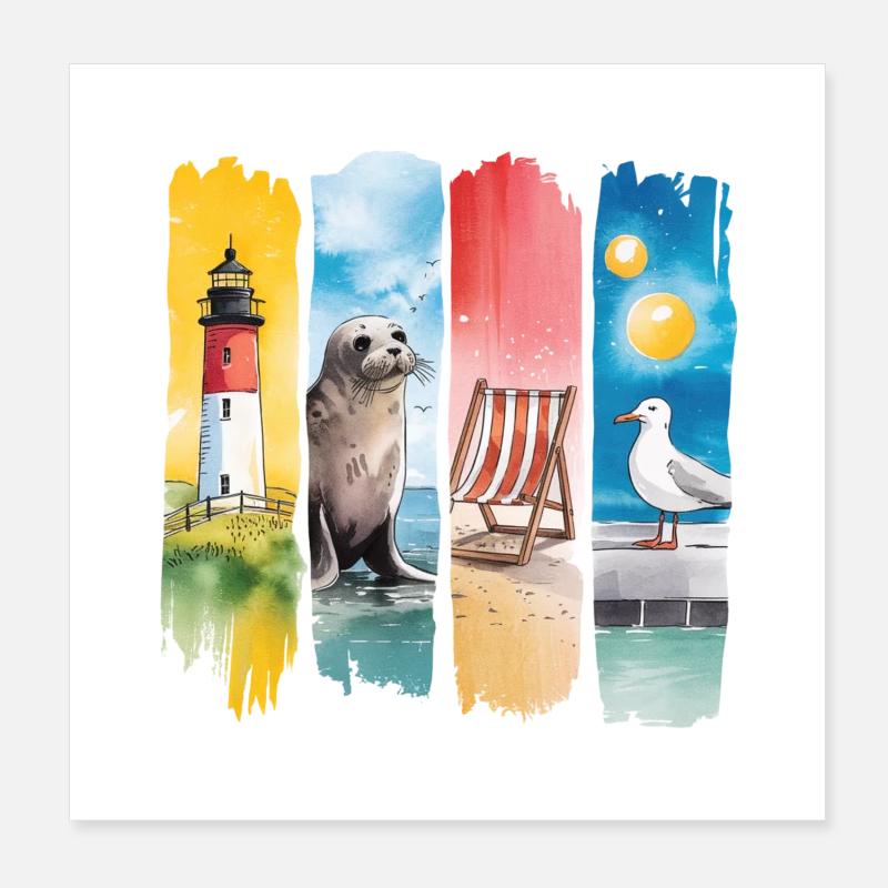 Phare maritime phoque mouette côte Poster 20 x 20 cm