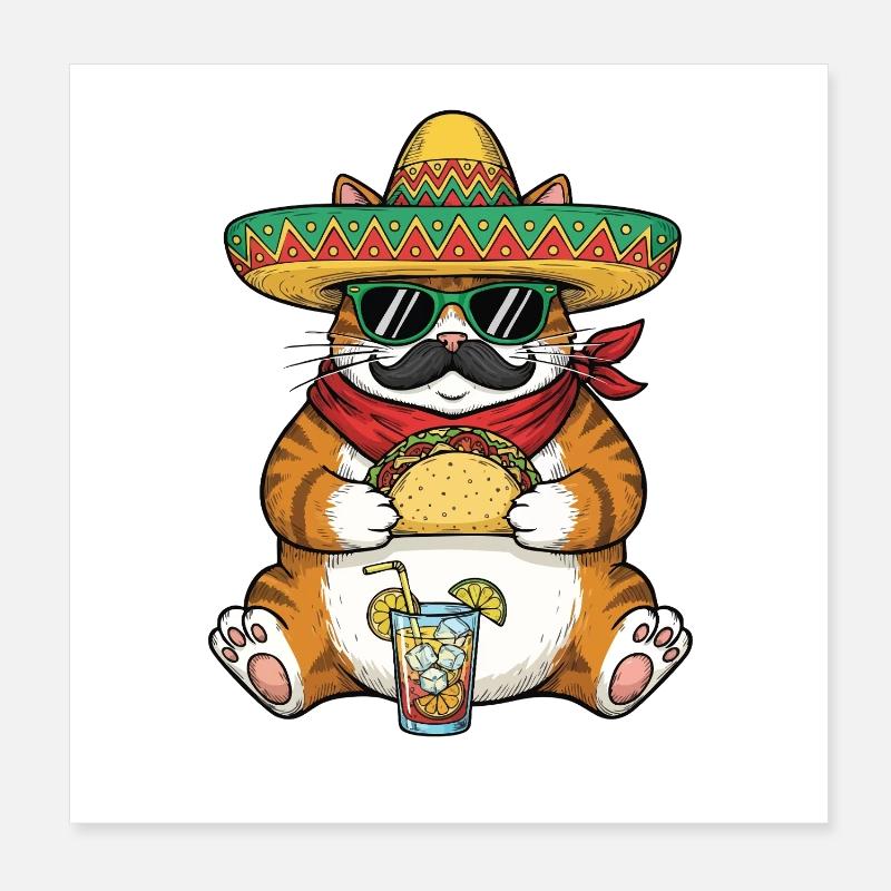 Chat mangeant des tacos Mignon Drôle Fiesta Poster 20 x 20 cm