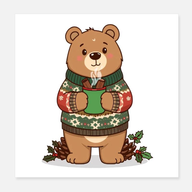 Winter bear with steaming cocoa Poster 8" x 8" (20x20 cm)