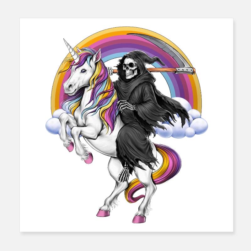 Sensenmann reitet Einhorn Poster 20x20 cm